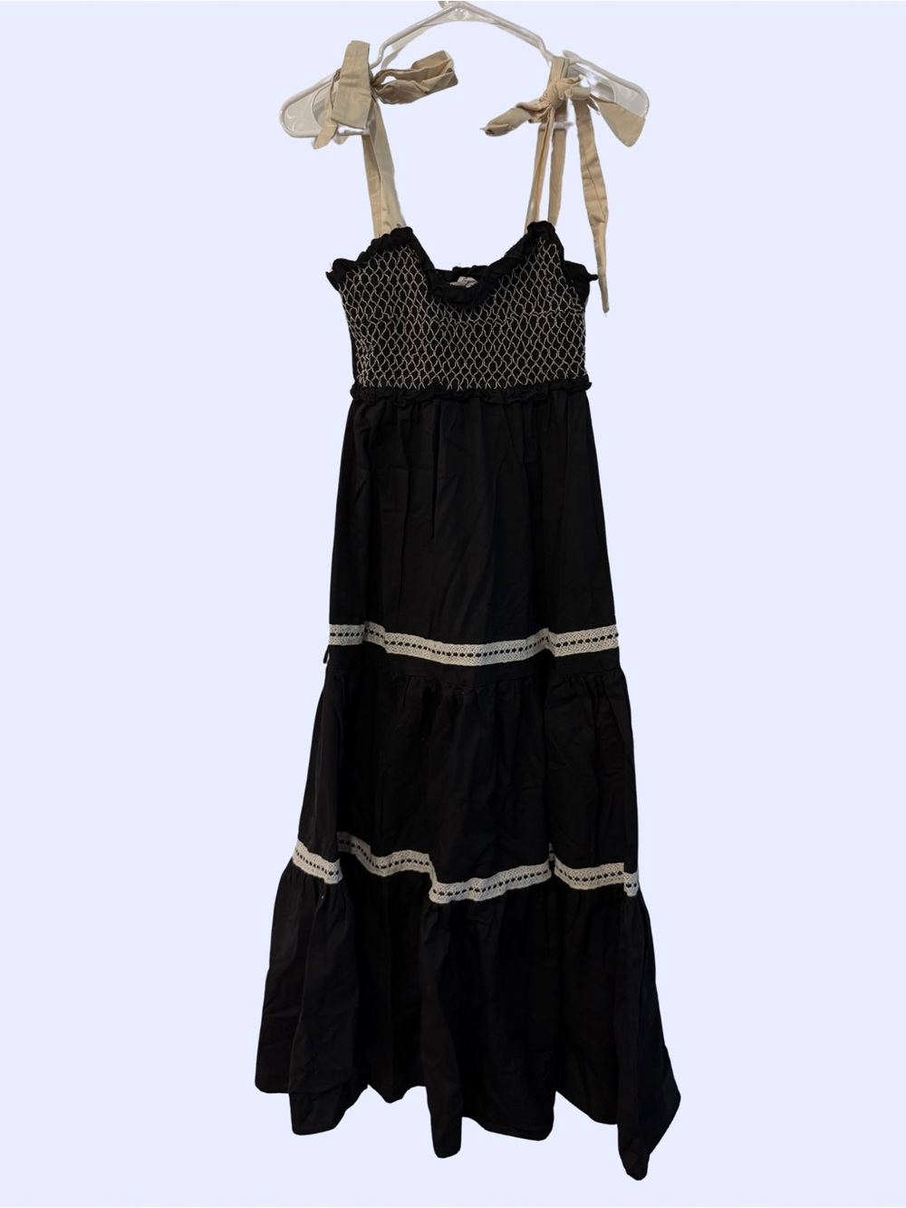 Black Smocked Halter Maxi Dress with Cream Tie Straps